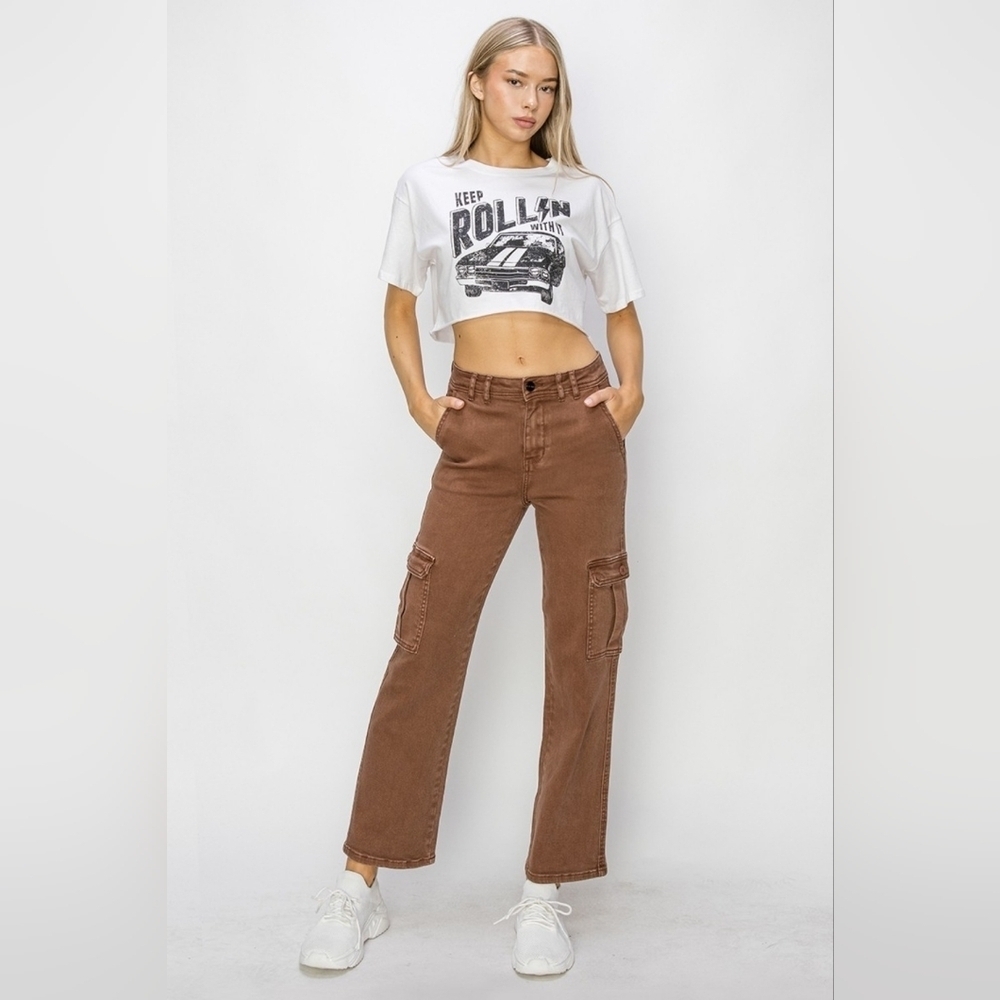 Risen High Rise Straight Leg Cargo Jeans Espresso Neutral Ankle Utility NEW